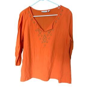 Susan Graver Embellished V Neckline Gauzy Cotton Blouse Orange Top Size M